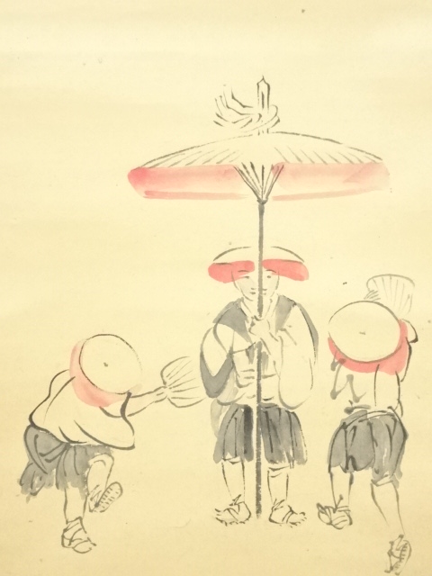 文化遺産オンライン 紙本淡彩 観瀑人物図 23130100]無落款 掛軸◇唐画